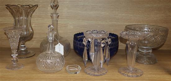 A blue flash glass fruit bowl, two glass vases, glass lustres, etc.